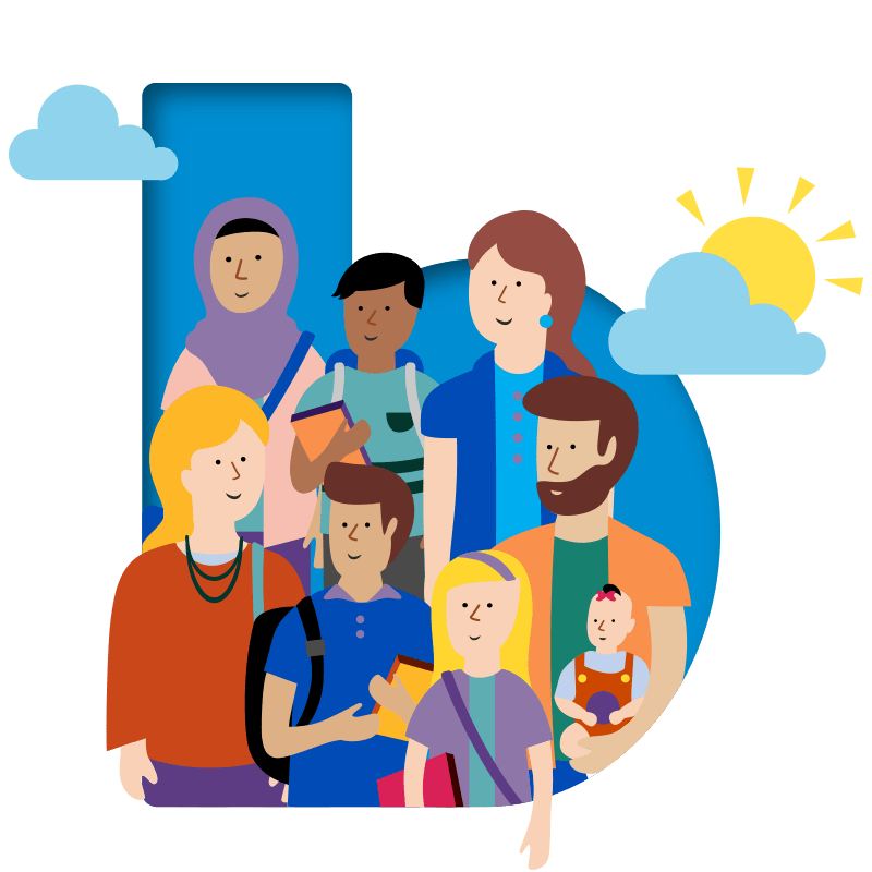 Illustration, colourful people on 'b' logo with clouds and sun