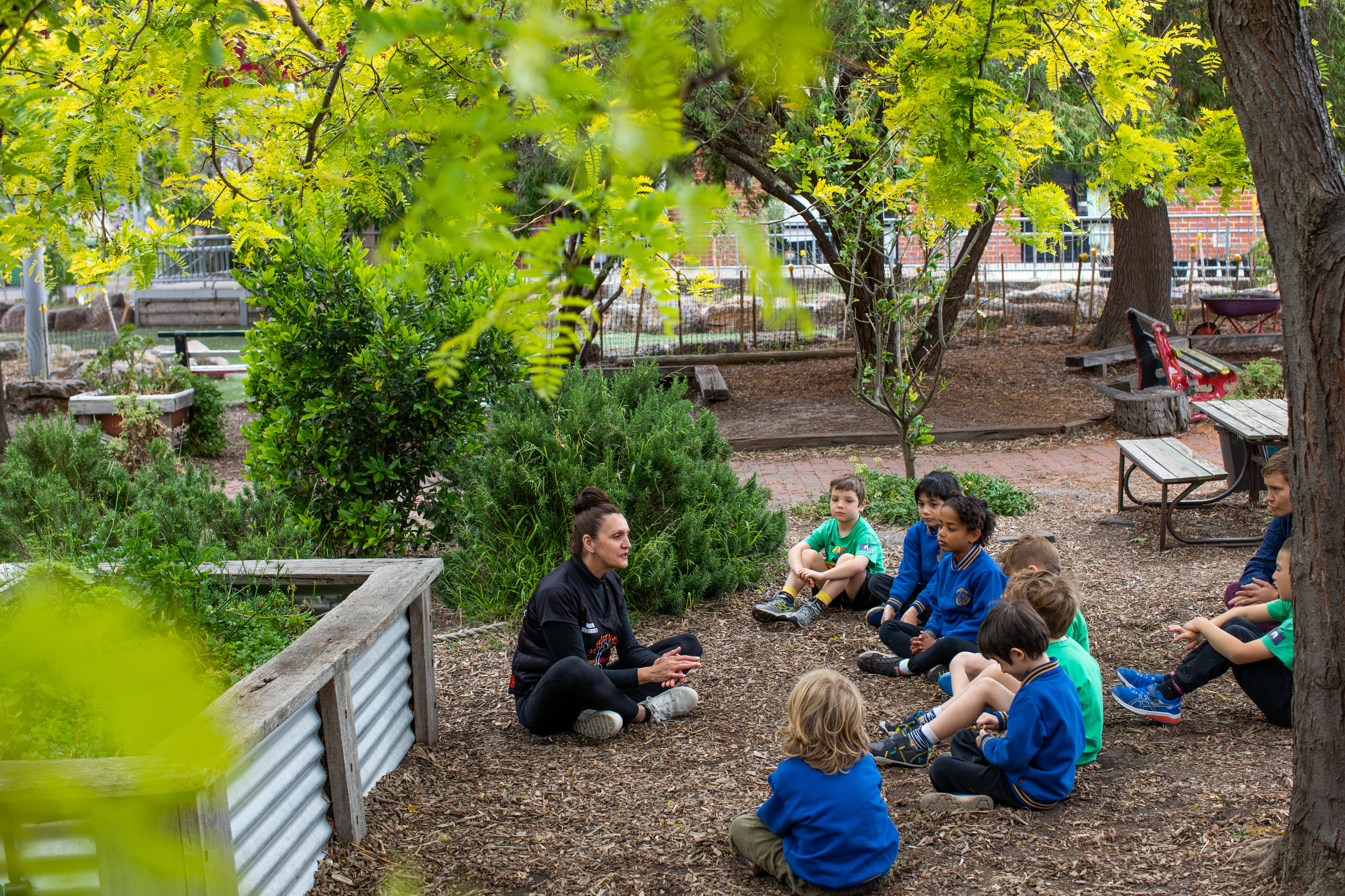 A group of primary school aged students sitting cross legged on the ground in front of an educator in their school garden.