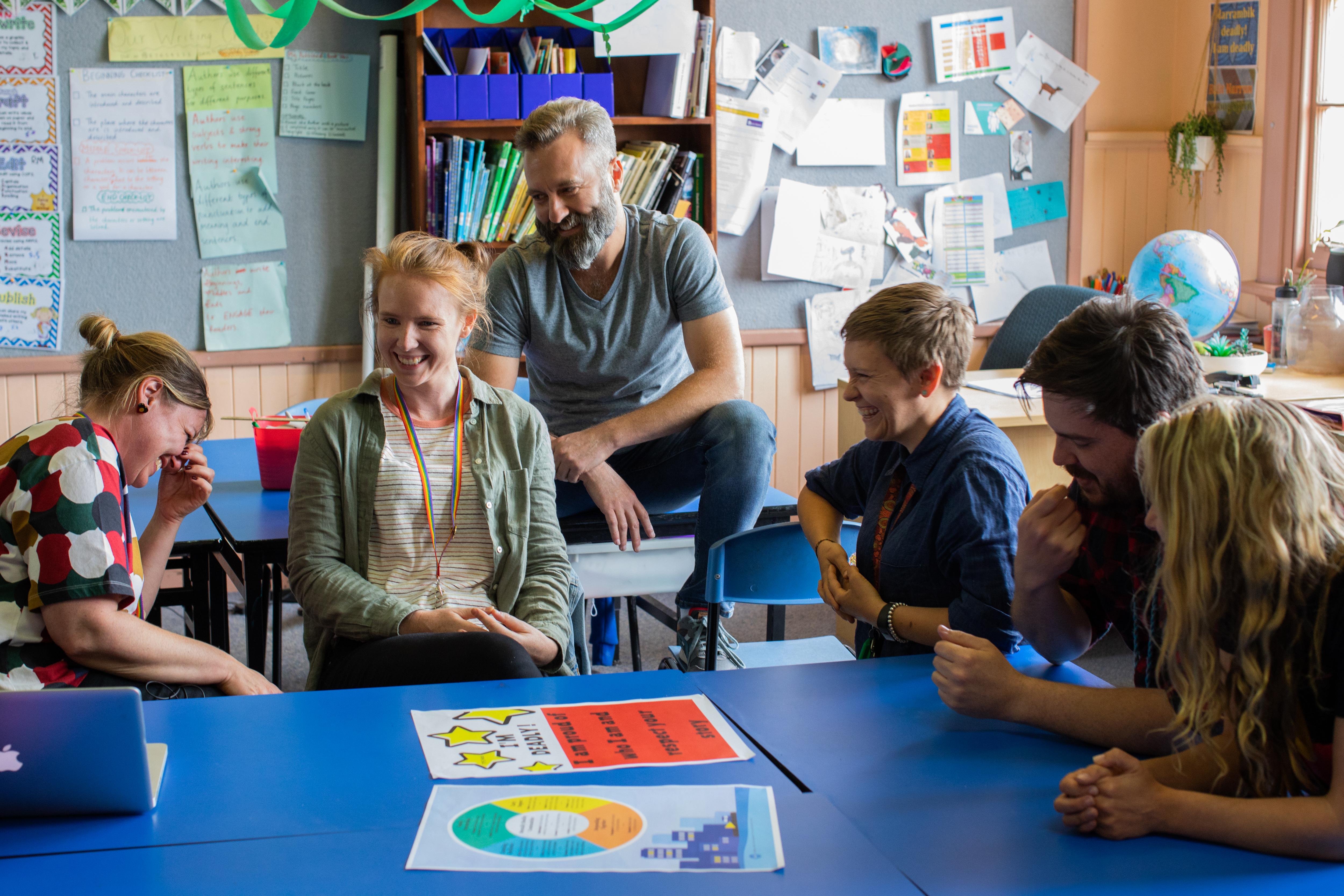A group of six educators sitting casually around a table in a meeting. They are laughing.